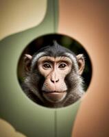 A monkey looks out from a hole in a wall photo