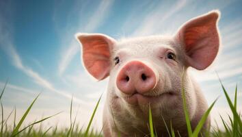 A pig is standing in a field with grass photo