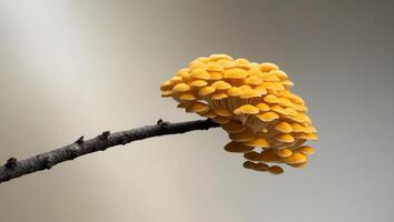 A mushroom on a branch with a blurry background photo