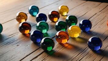A group of colorful glass balls on a wooden table photo