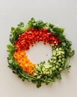 A wreath of vegetables arranged in a circle photo
