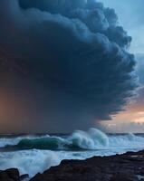 A storm clouds over the ocean as it breaks over the rocks photo
