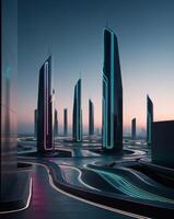A futuristic city with futuristic buildings and lights photo