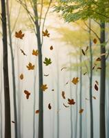 Autumn leaves flying in the air in a foggy forest photo