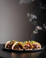 Delicious beef tacos filled with fresh toppings served on a dark table with smoky background. photo