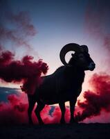 A ram stands in front of red smoke photo