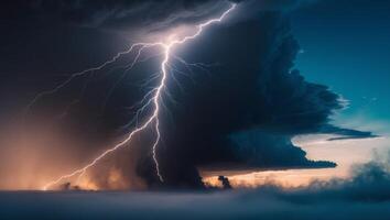 A lightning bolt strikes through the clouds at sunset photo
