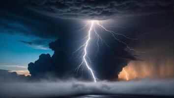 A lightning bolt strikes through the clouds and water photo