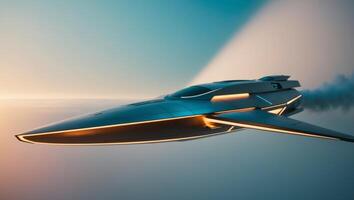 A futuristic jet flying through the sky photo