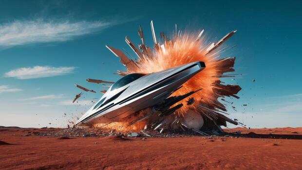 A spaceship is exploding on the surface of a desert photo