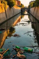 A river with trash and bottles photo