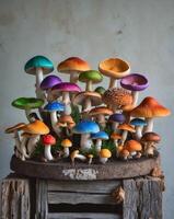 A group of colorful mushrooms on a wooden table photo