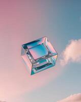 A square cube floating in the sky with clouds photo