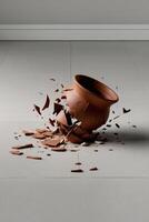 A broken pot on the floor with a broken piece of clay photo