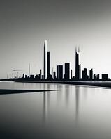 A black and white photo of a city skyline