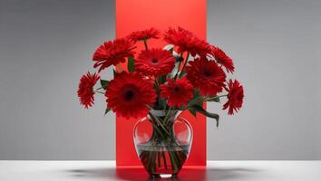 A vase with red flowers sitting on a table photo