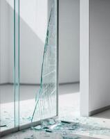 A broken glass door in a room with a broken window photo