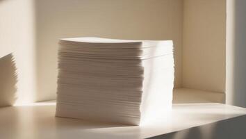 Stack of paper on a table in front of a window photo