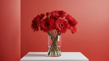 A vase with red flowers sitting on a table photo