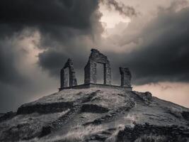 A black and white photo of ruins on a hill