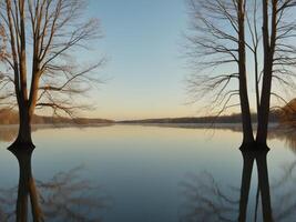 Two trees are reflected in the water of a lake photo