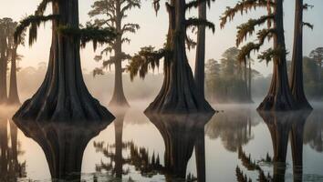 A group of cypress trees are reflected in the water photo