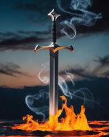 Sword on fire with smoke and flames photo