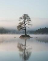 A lone tree stands on an island in a lake photo