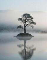A lone tree stands on an island in the middle of a lake photo