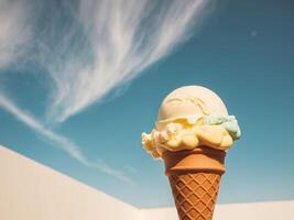 A person holding an ice cream cone with a blue sky in the background photo