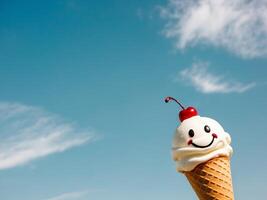 A smiley face ice cream cone with a cherry on top photo