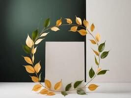 A wreath of leaves and a blank card on a table photo