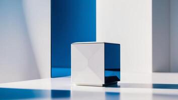 A white box sitting on a table in front of a blue wall photo