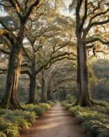 A path through the woods with trees and ferns photo