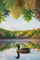 A duck swimming in a lake surrounded by trees photo
