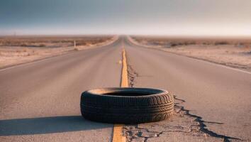 A tire sits on the side of an empty road photo