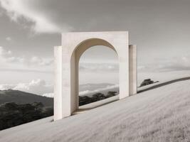 A white arch on top of a hill with clouds in the background photo