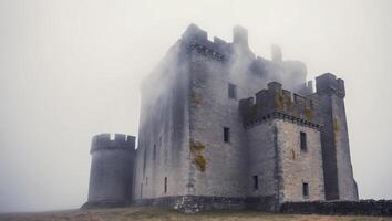 A castle in the fog on a hill photo