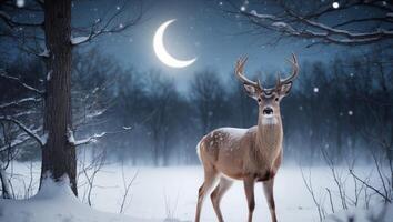 A deer stands in the snow with the moon in the background photo