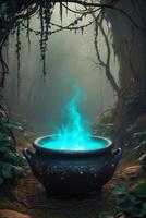 A cauldron with blue smoke coming out of it in the woods photo