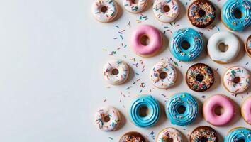 A large group of donuts with sprinkles on a white surface photo