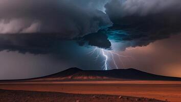 Lightning strikes over a mountain in the desert photo