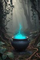 A cauldron with blue smoke coming out of it in the woods photo