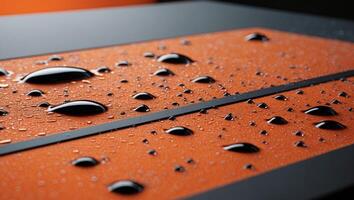 A close up of a black and orange surface with water droplets photo