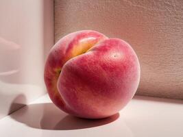 A peach sitting on a white surface photo