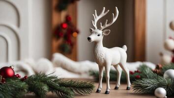 A white deer figurine is standing in front of a christmas tree photo
