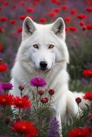 White wolf in a field of red flowers photo