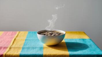 A cup of coffee on a table with a table cloth photo