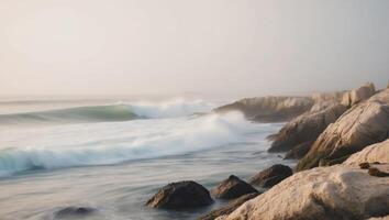 A view of the ocean and rocks with waves photo