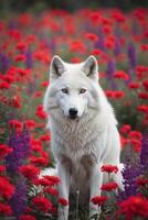 A white wolf is sitting in a field of red flowers photo